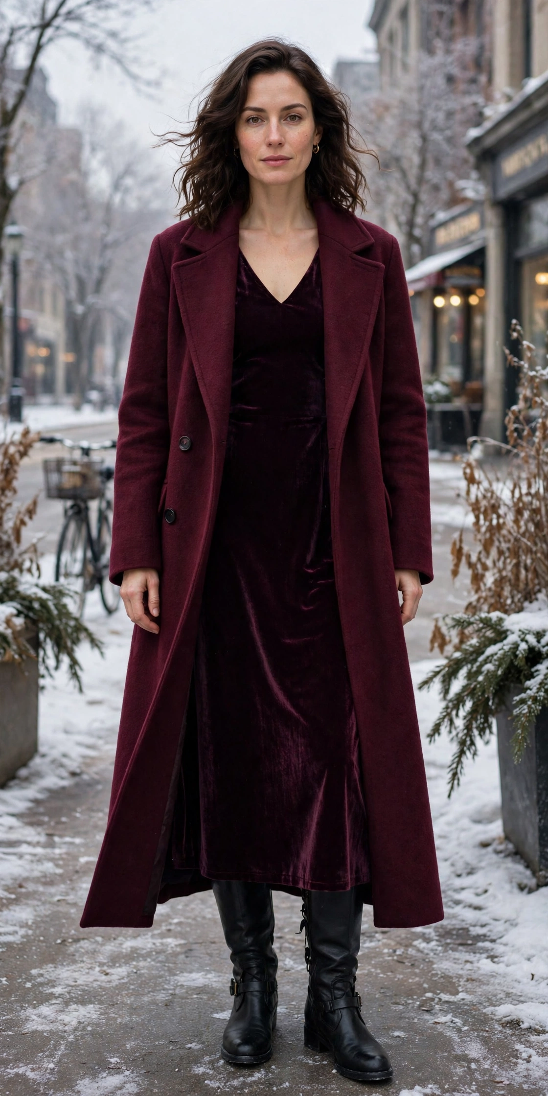 28 Long Wool Coat Outfits With Boots for Cold Walks That Are Chic, Warm and Elegant 21 Long Wine Wool Coat With Black Boots and a Velvet Dress