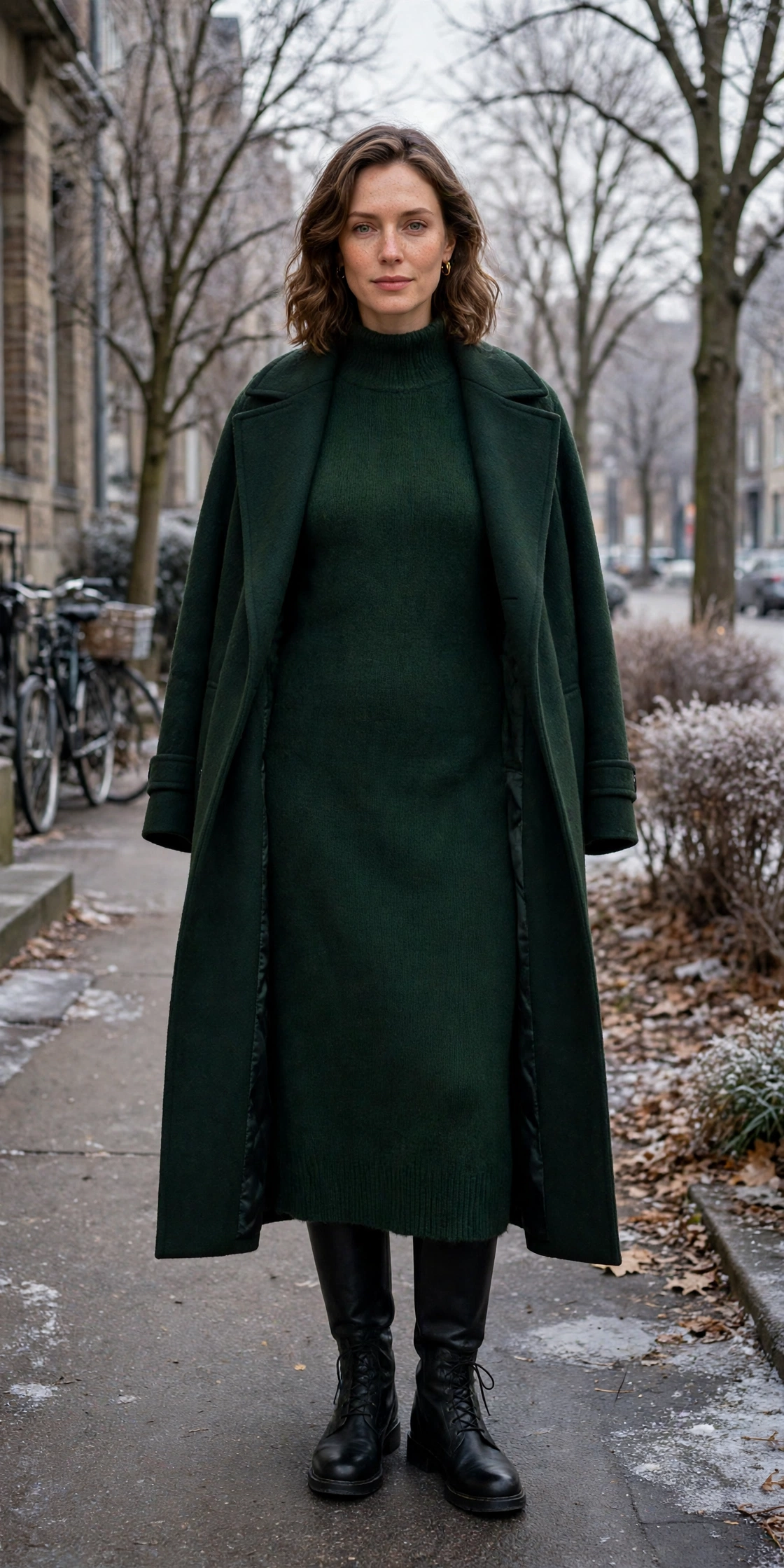 28 Long Wool Coat Outfits With Boots for Cold Walks That Are Chic, Warm and Elegant 23 Long Dark Green Wool Coat With Black Boots and a Wool Dress