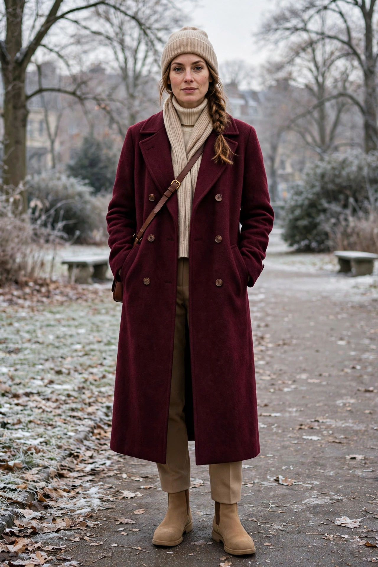 28 Long Wool Coat Outfits With Boots for Cold Walks That Are Chic, Warm and Elegant 24 Long Maroon Wool Coat With Tan Boots and Tan Trousers