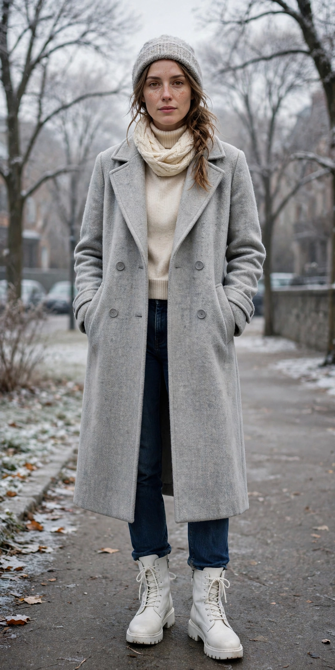28 Long Wool Coat Outfits With Boots for Cold Walks That Are Chic, Warm and Elegant 25 Long Light Grey Wool Coat With White Boots and Jeans