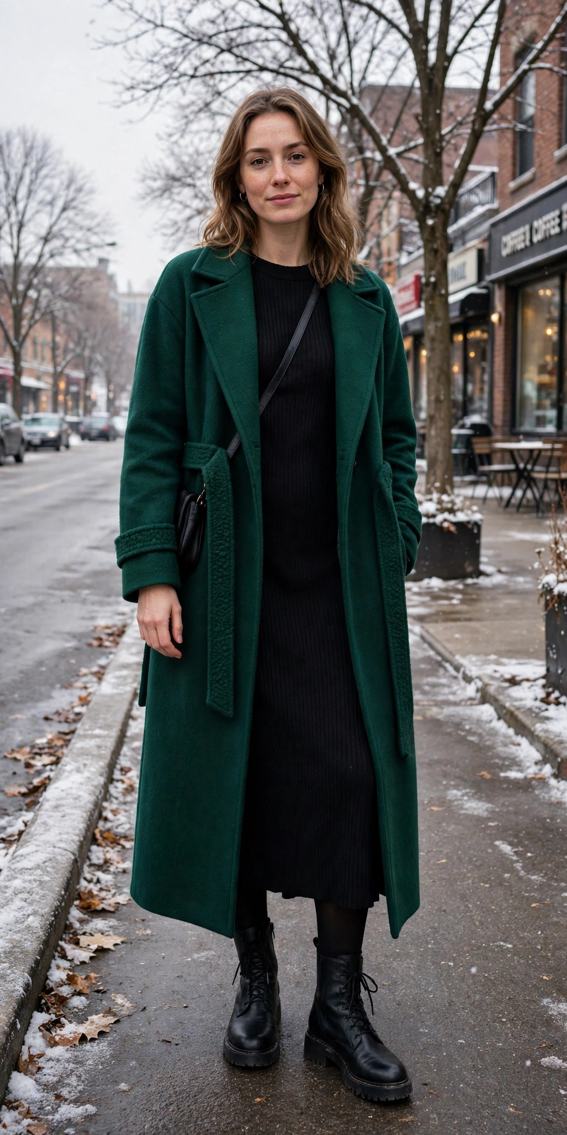 28 Long Wool Coat Outfits With Boots for Cold Walks That Are Chic, Warm and Elegant 27 Long Emerald Wool Coat With Black Boots and a Midi Dress