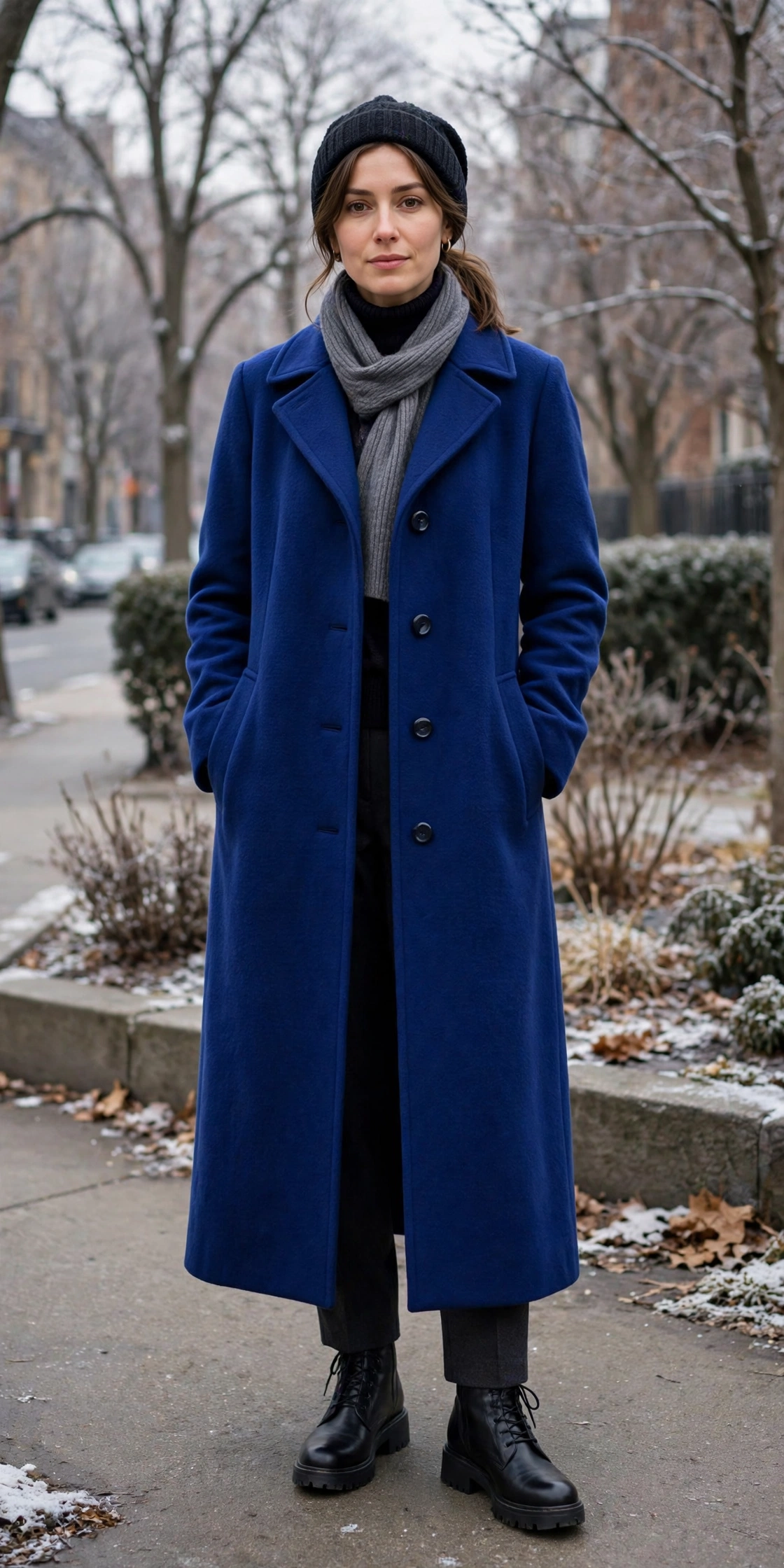 28 Long Wool Coat Outfits With Boots for Cold Walks That Are Chic, Warm and Elegant 29 Long Royal Blue Wool Coat With Black Boots and Dark Trousers