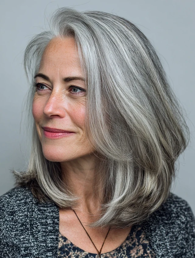 Relaxed Centre-Part Layers With Natural Salt-and-Pepper Colour