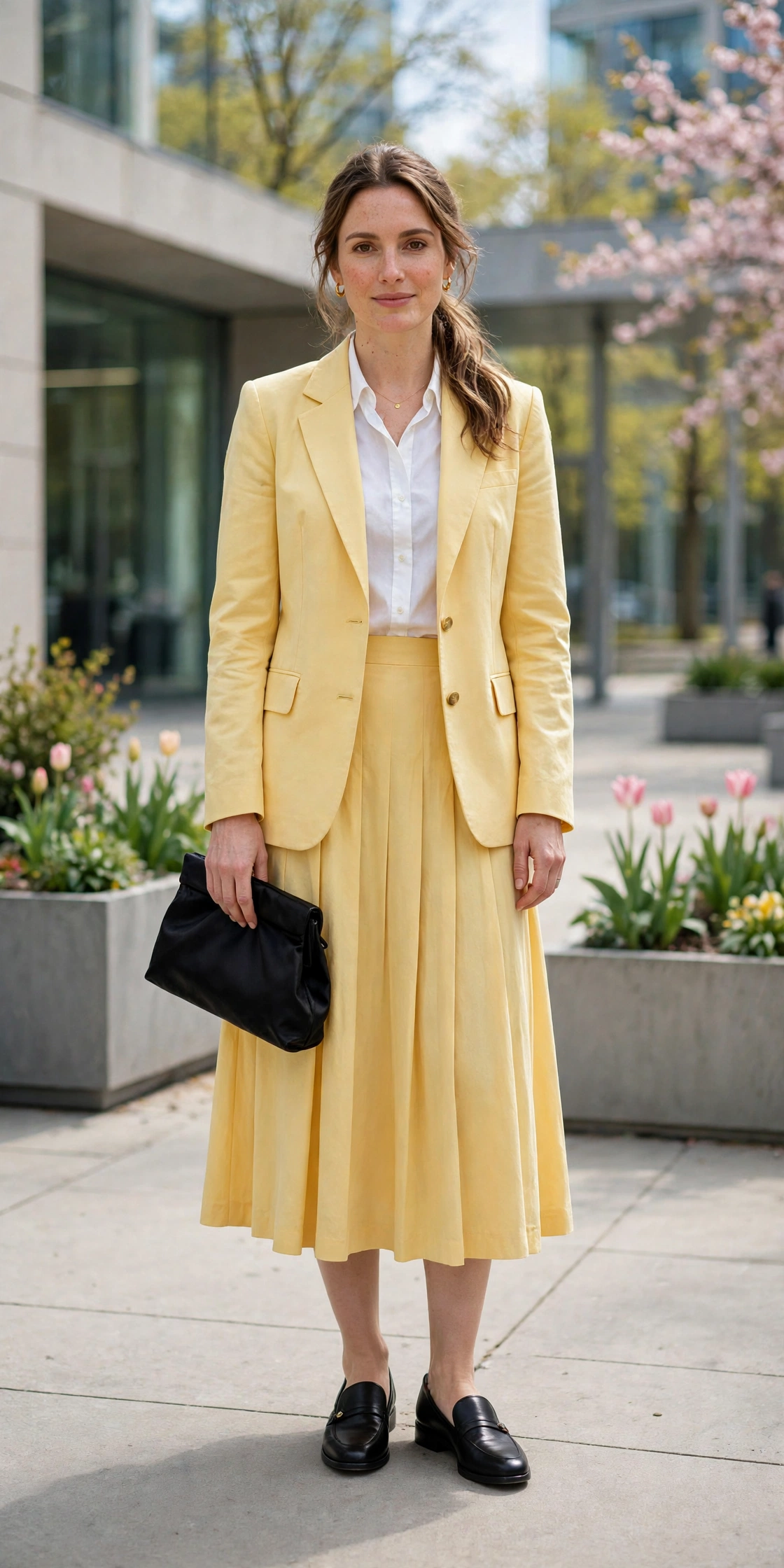 Butter Yellow Blazer and Midi Skirt with a black satin clutch