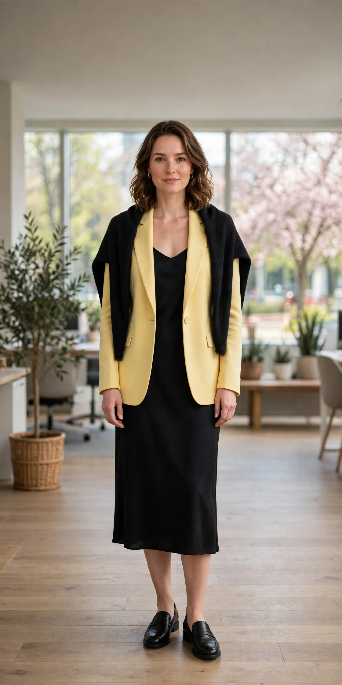 Butter Yellow Blazer and Slip Dress with a soft black shawl