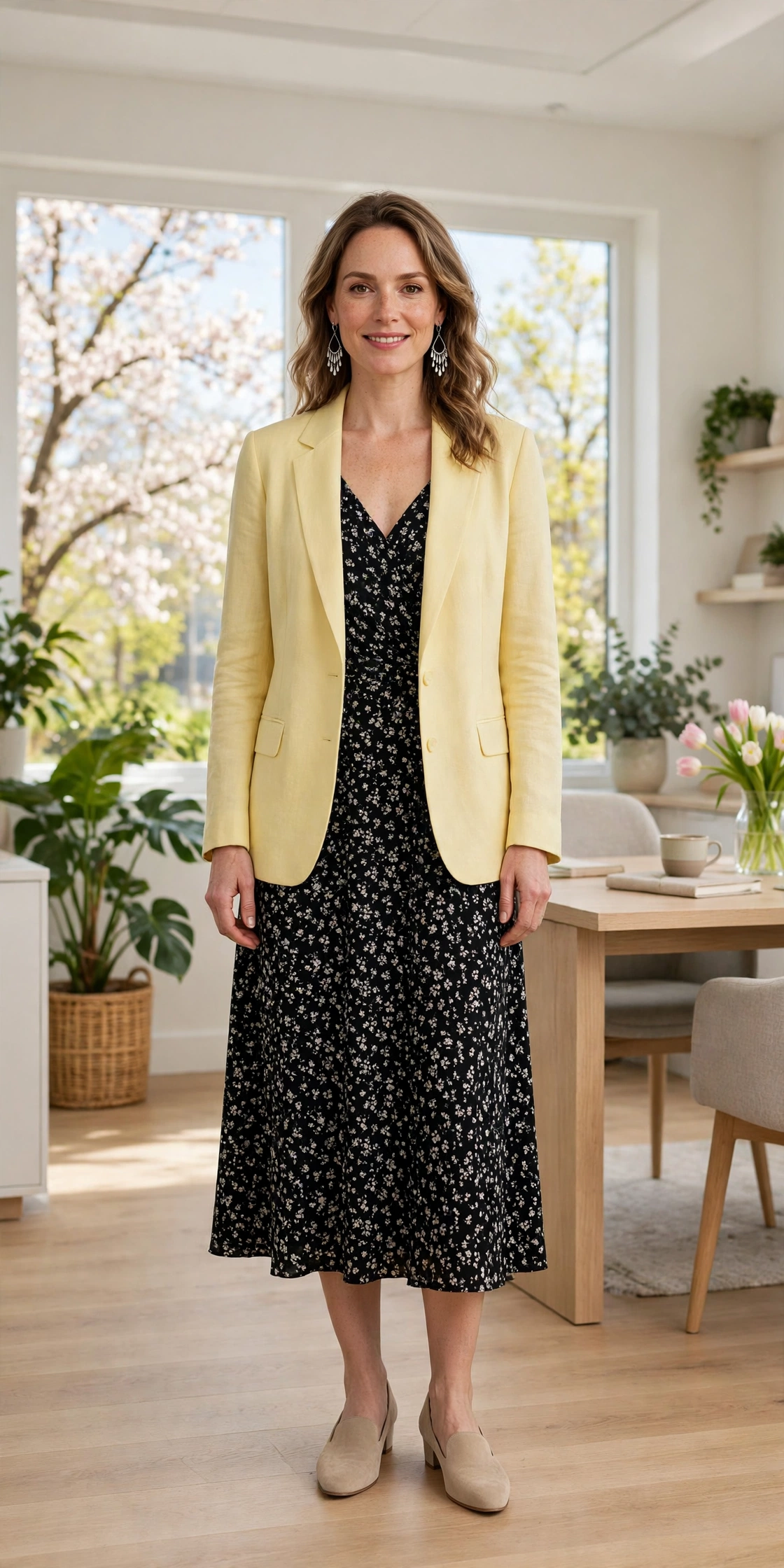 Soft Yellow Blazer and Dress with silver drop earrings