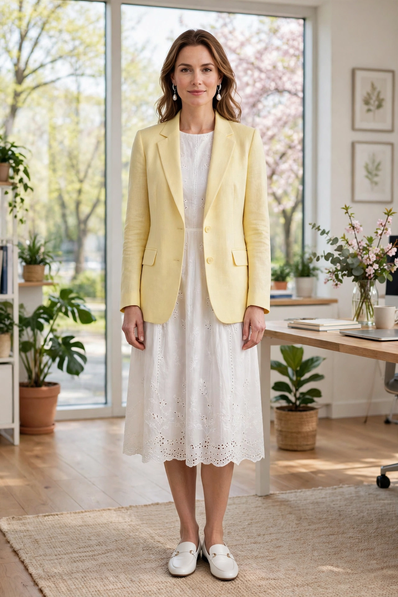 Pale Yellow Blazer and Dress with pearl drop earrings