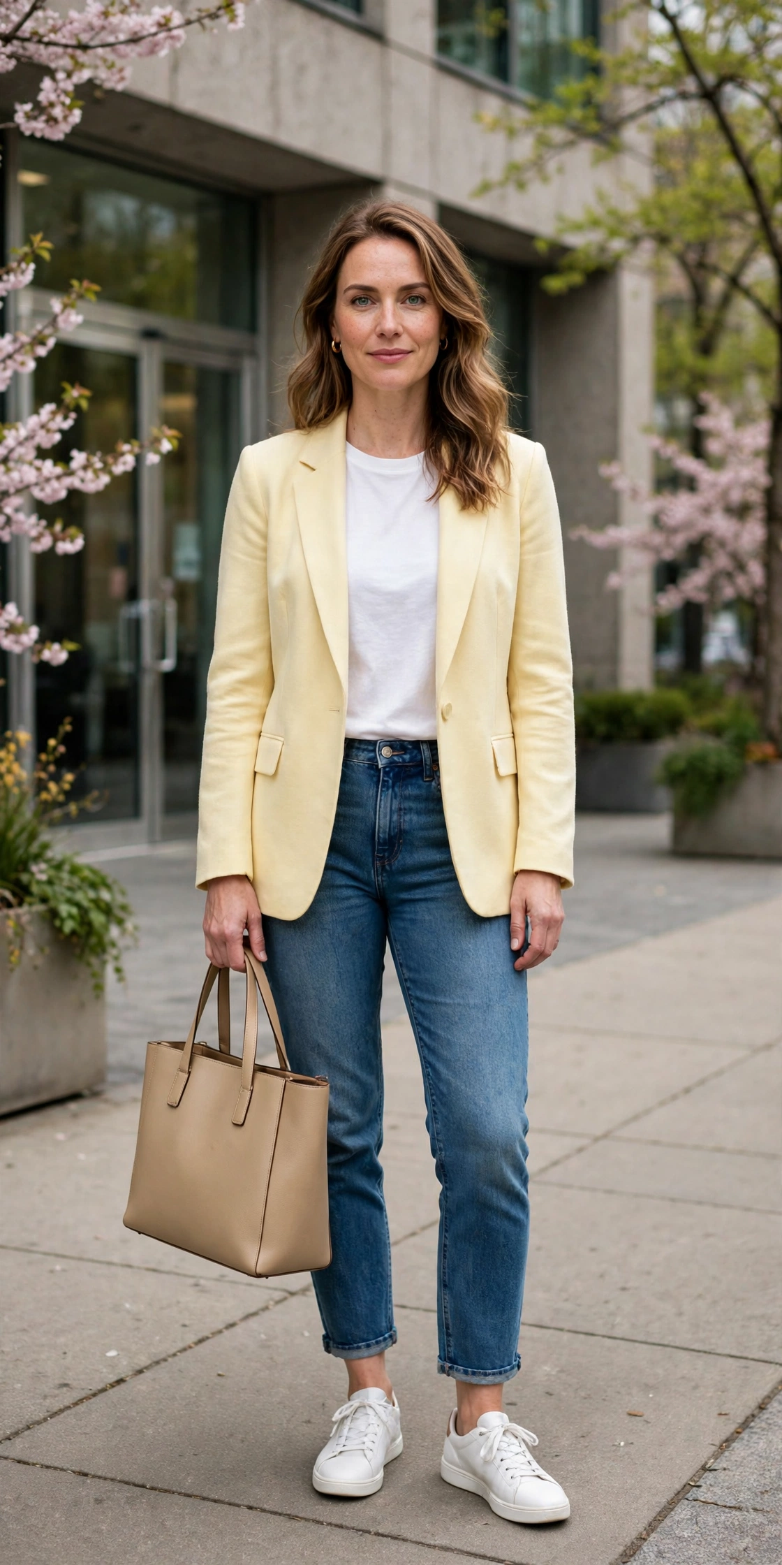 Butter Yellow Blazer and Jeans with a structured tote