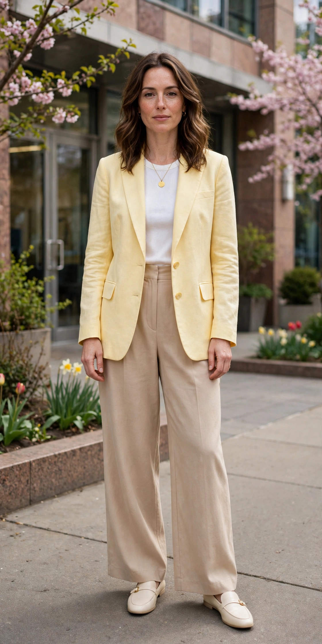 Butter Yellow Blazer and Wide-Leg Trousers with a gold pendant necklace