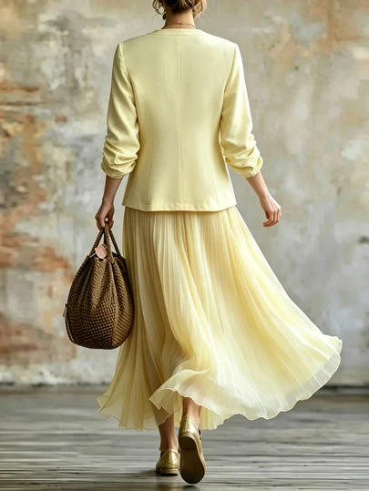 Pale Yellow Blazer and Dress with a structured tote