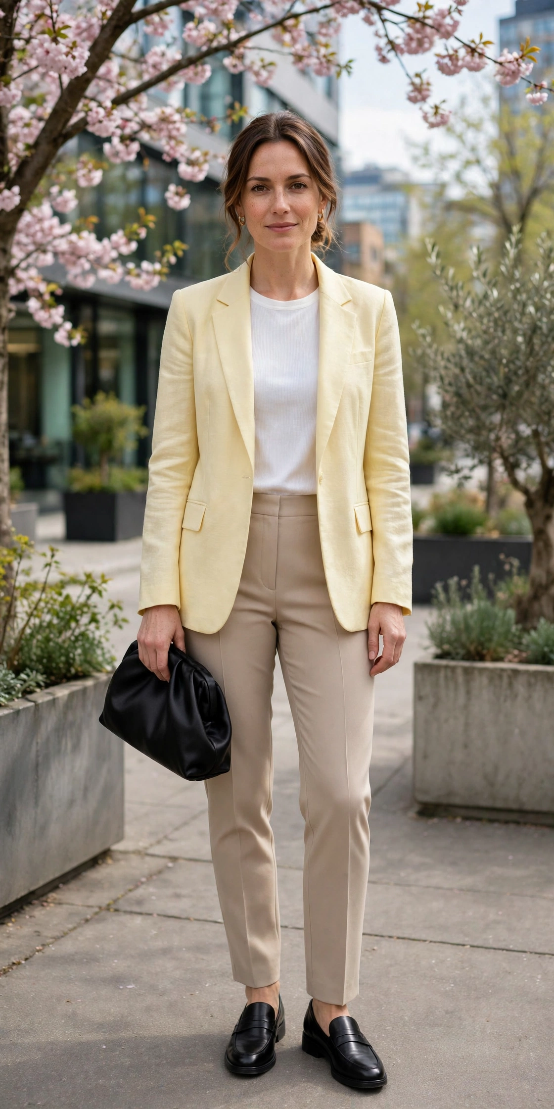 Butter Yellow Blazer and Tailored Trousers with a black satin clutch