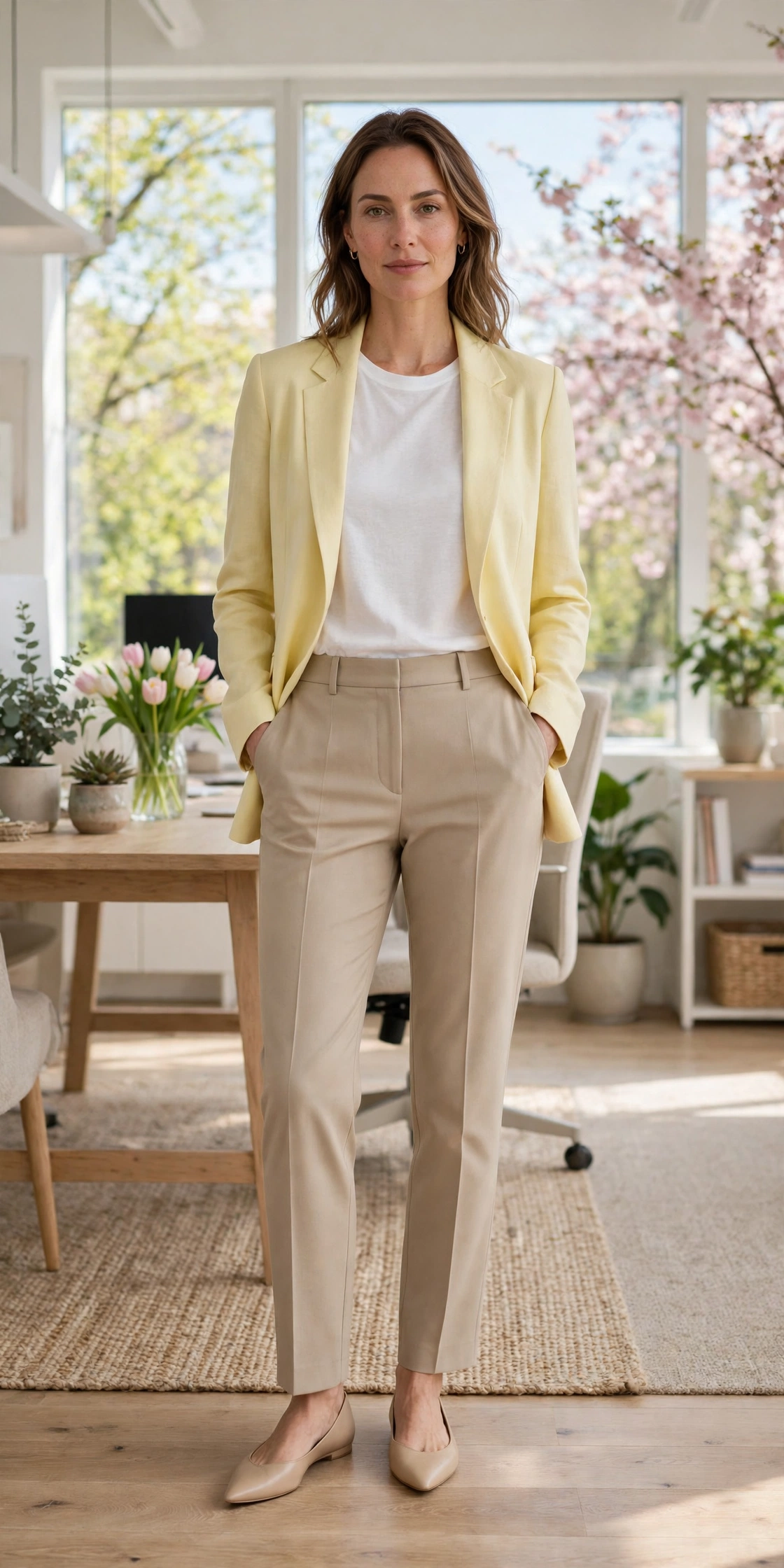 Soft Yellow Blazer and Tailored Trousers with nude pointed flats