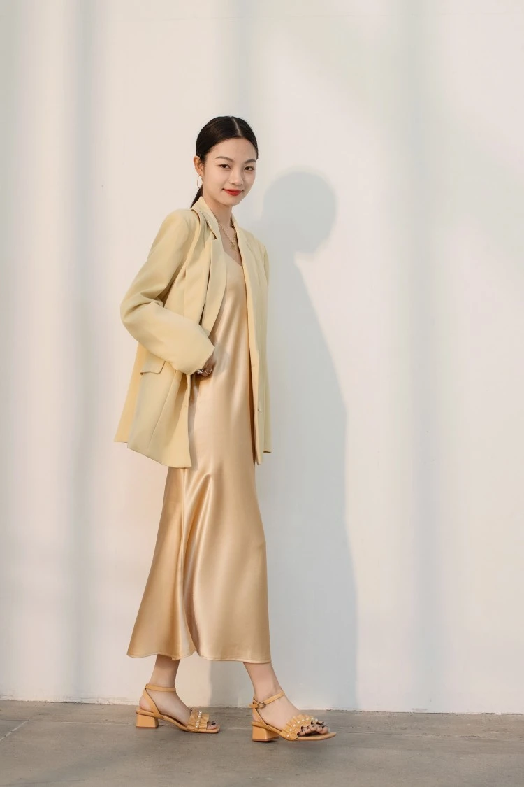 Soft Yellow Blazer and Slip Dress with pearl drop earrings