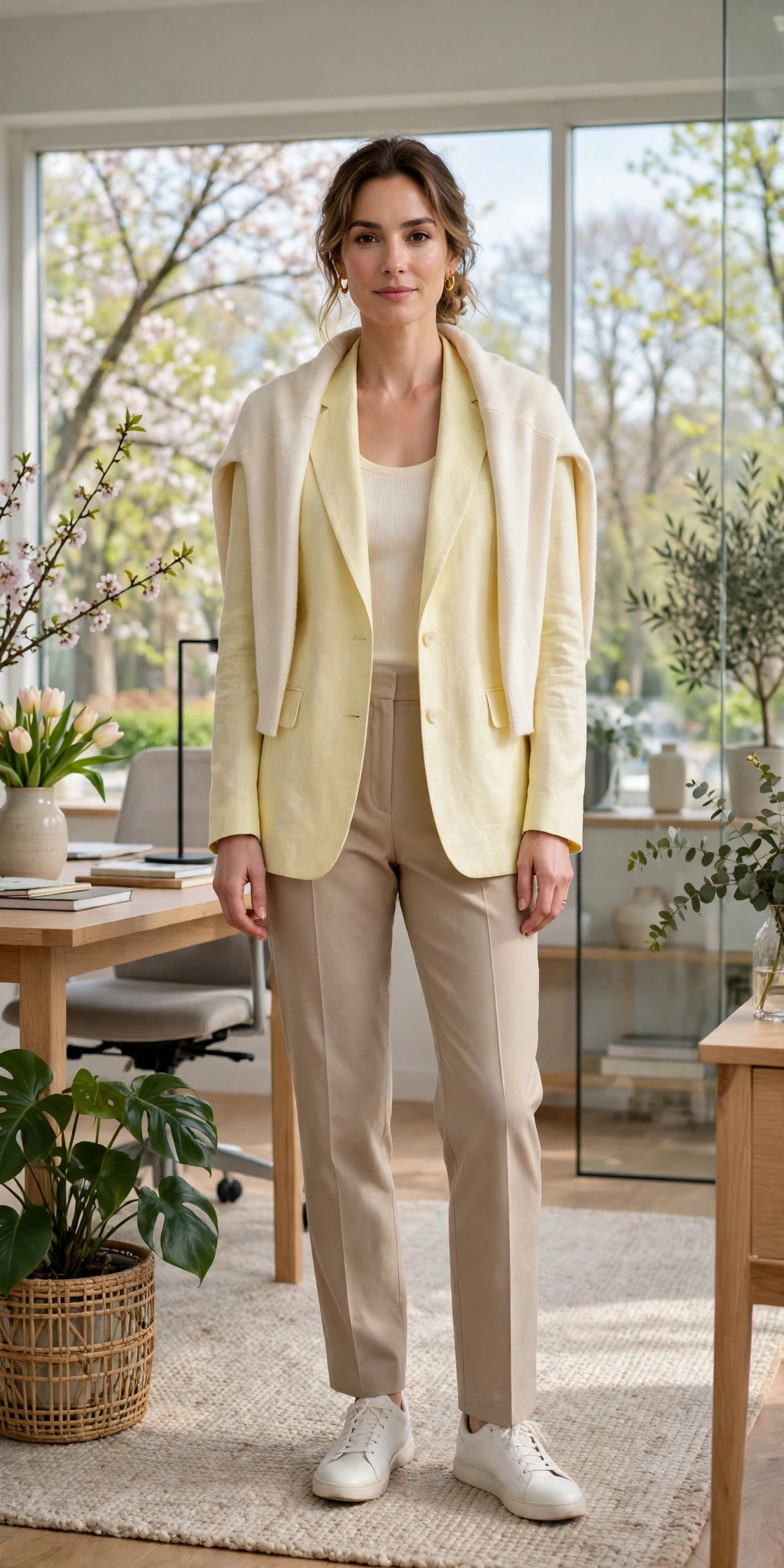 Pale Yellow Blazer and Trousers with a cream wrap