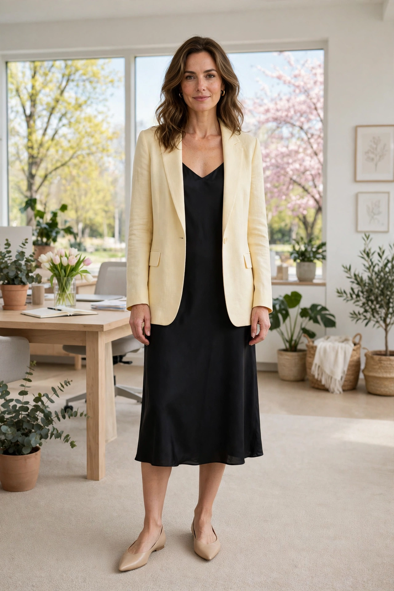 Butter Yellow Blazer and Slip Dress with nude pointed flats