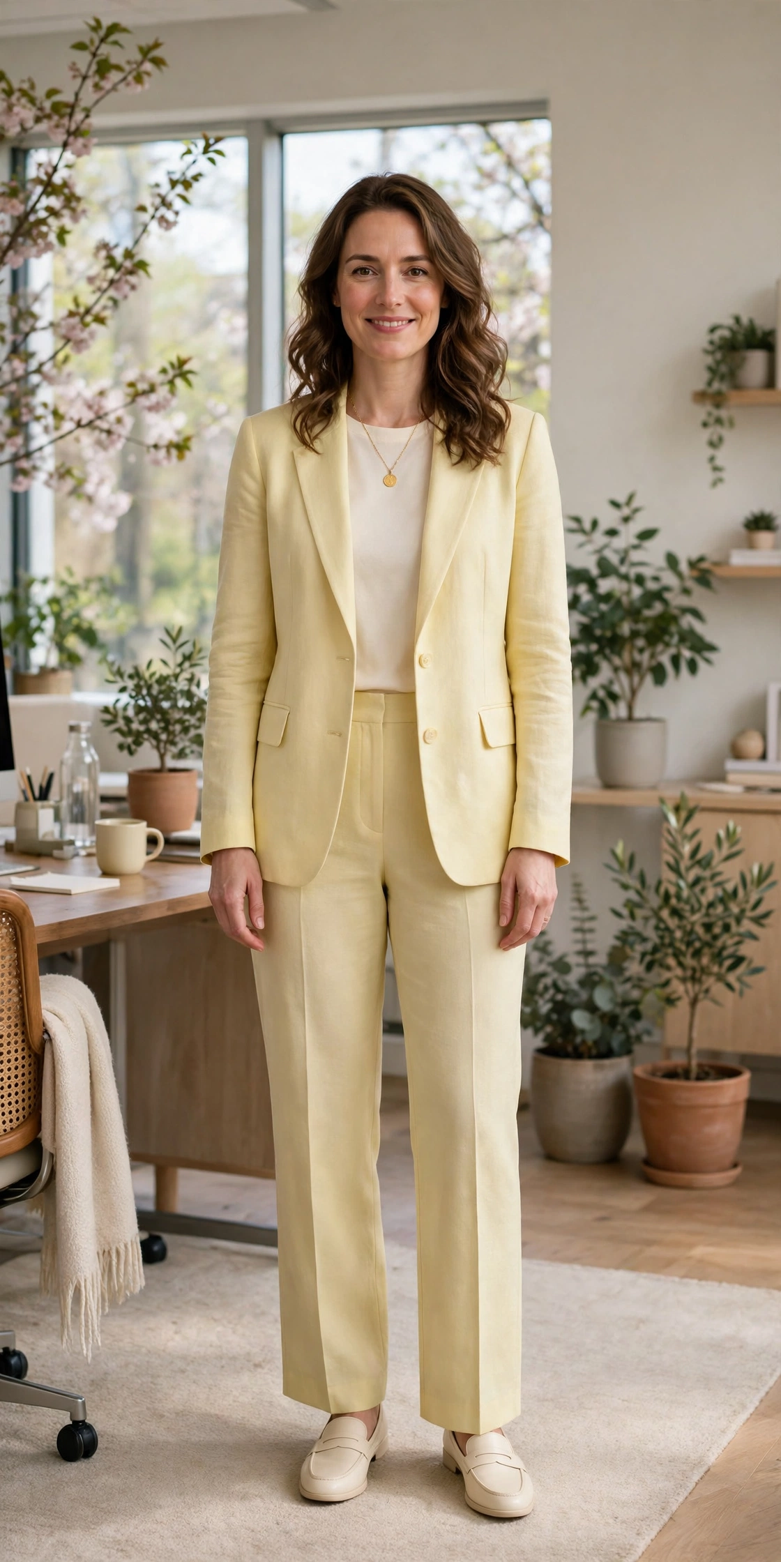 Butter Yellow Blazer and Trousers with a gold pendant necklace