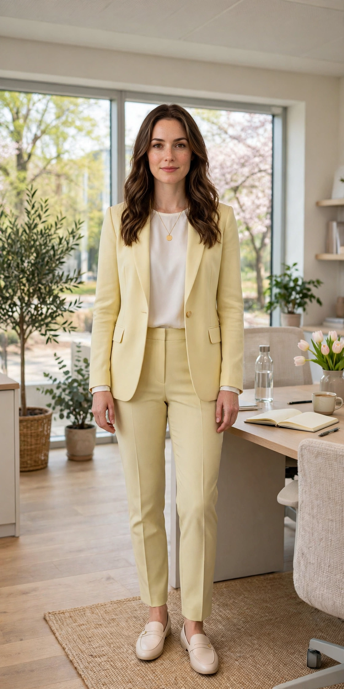 Soft Yellow Blazer and Tailored Trousers with a gold pendant necklace