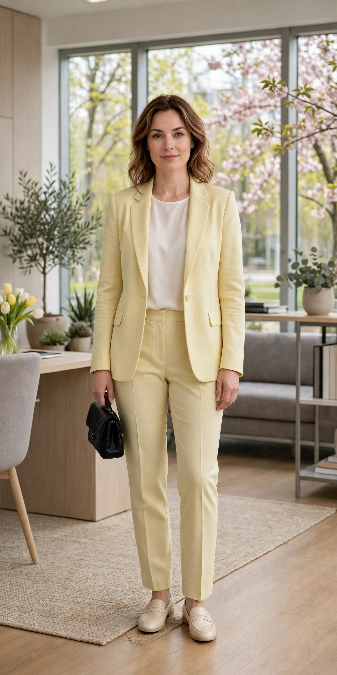 Soft Yellow Blazer and Trousers with a small black clutch