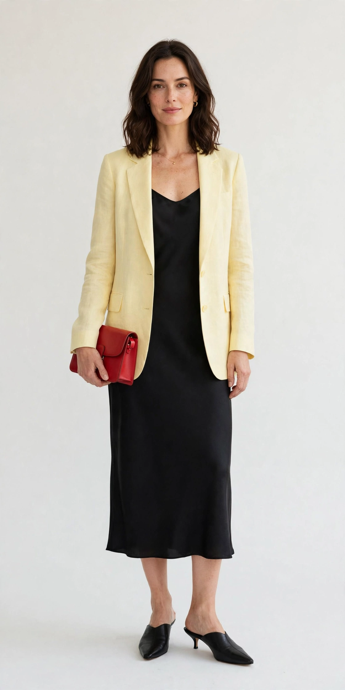 Pale Yellow Blazer and Slip Dress with a red clutch