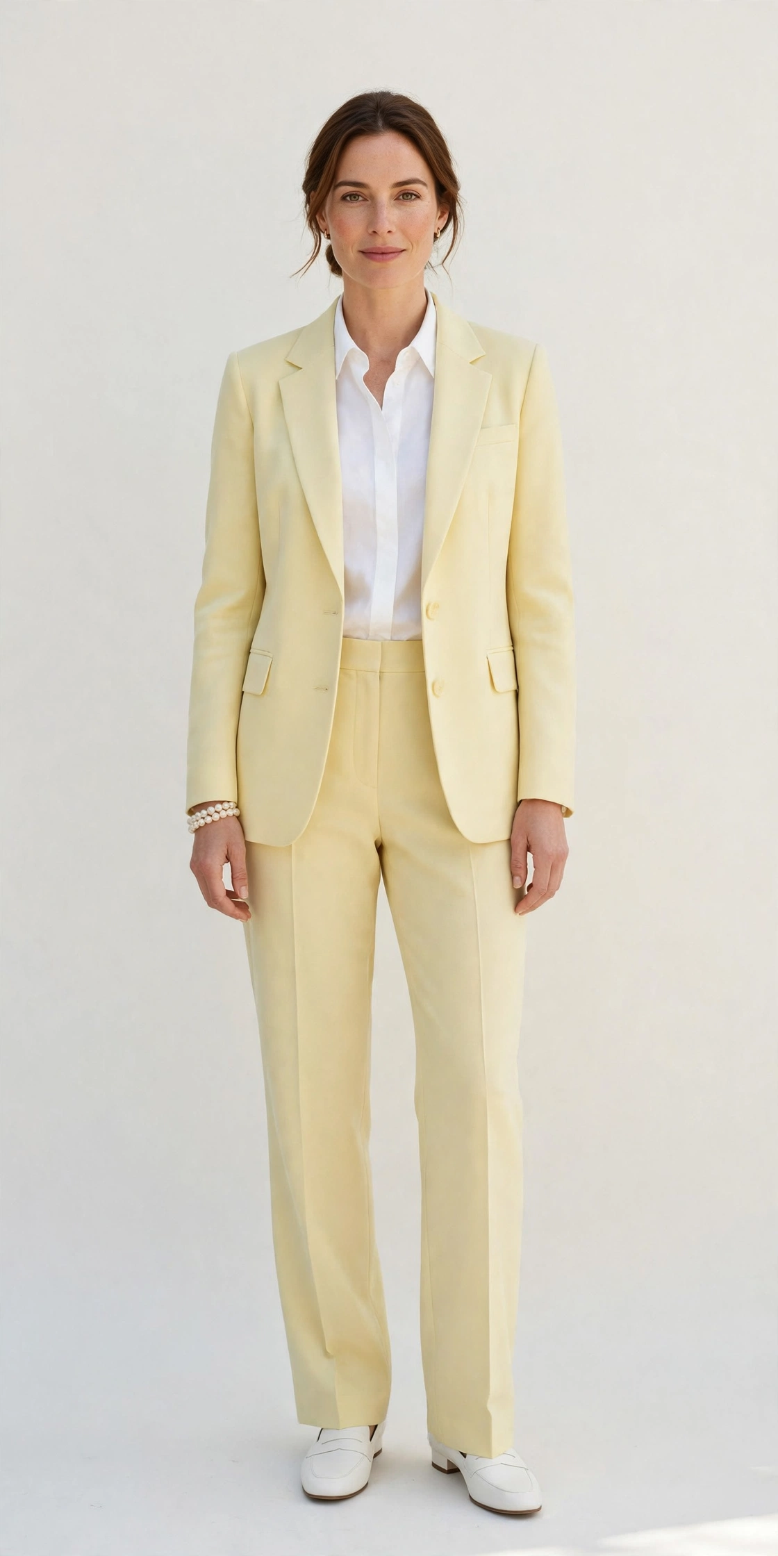 Pale Yellow Blazer and Trousers with a pearl bracelet