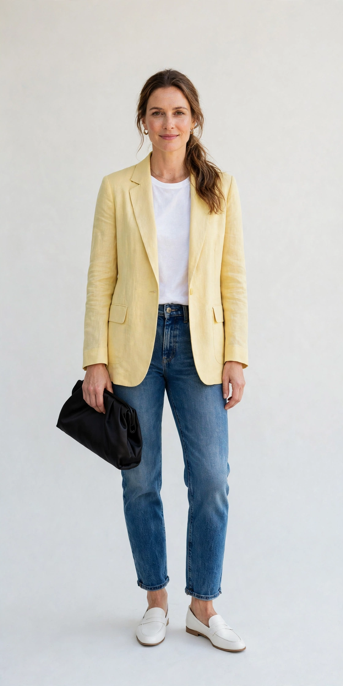 Soft Yellow Blazer and Jeans with a black satin clutch