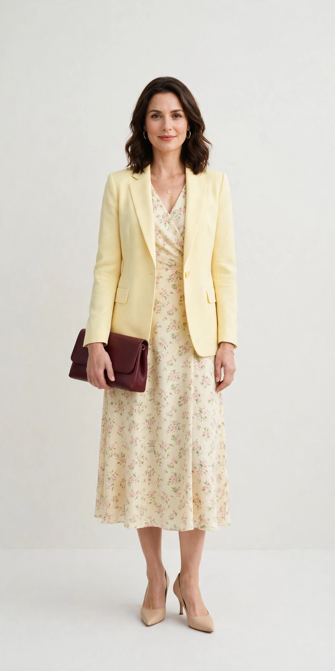 Pale Yellow Blazer and Dress with a burgundy clutch