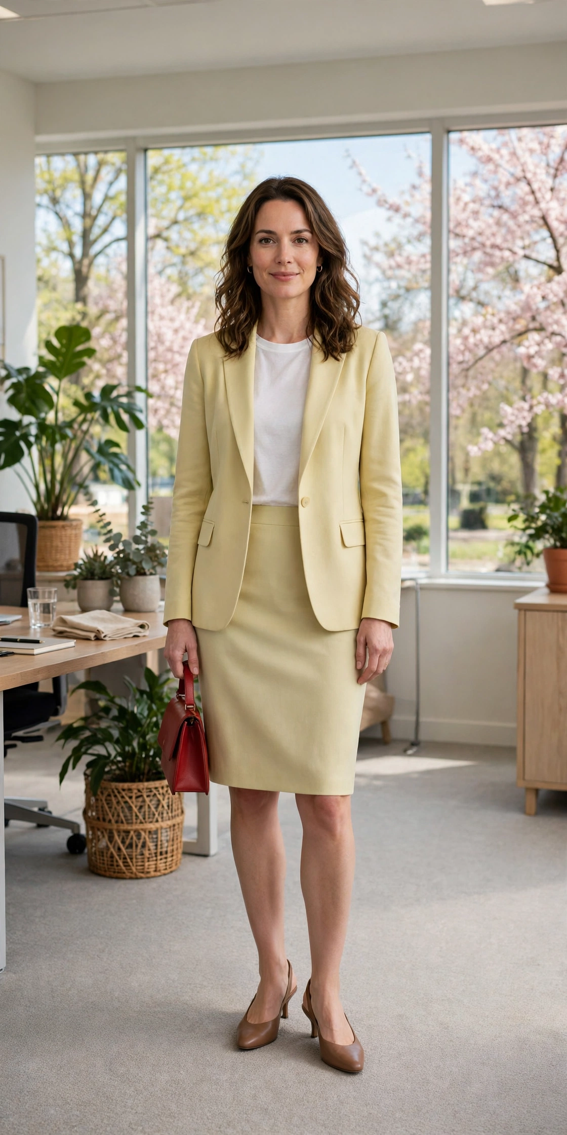 Soft Yellow Blazer and Pencil Skirt with a red clutch