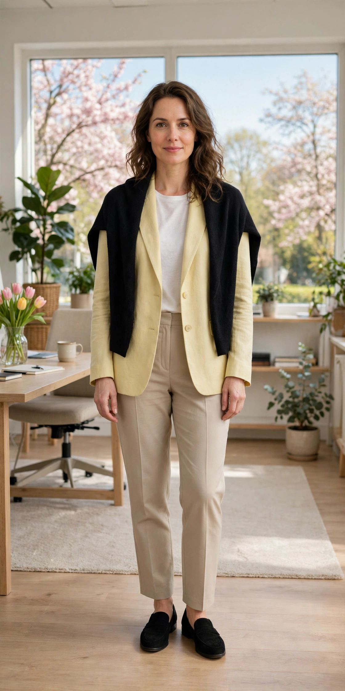 Soft Yellow Blazer and Trousers with a soft black shawl