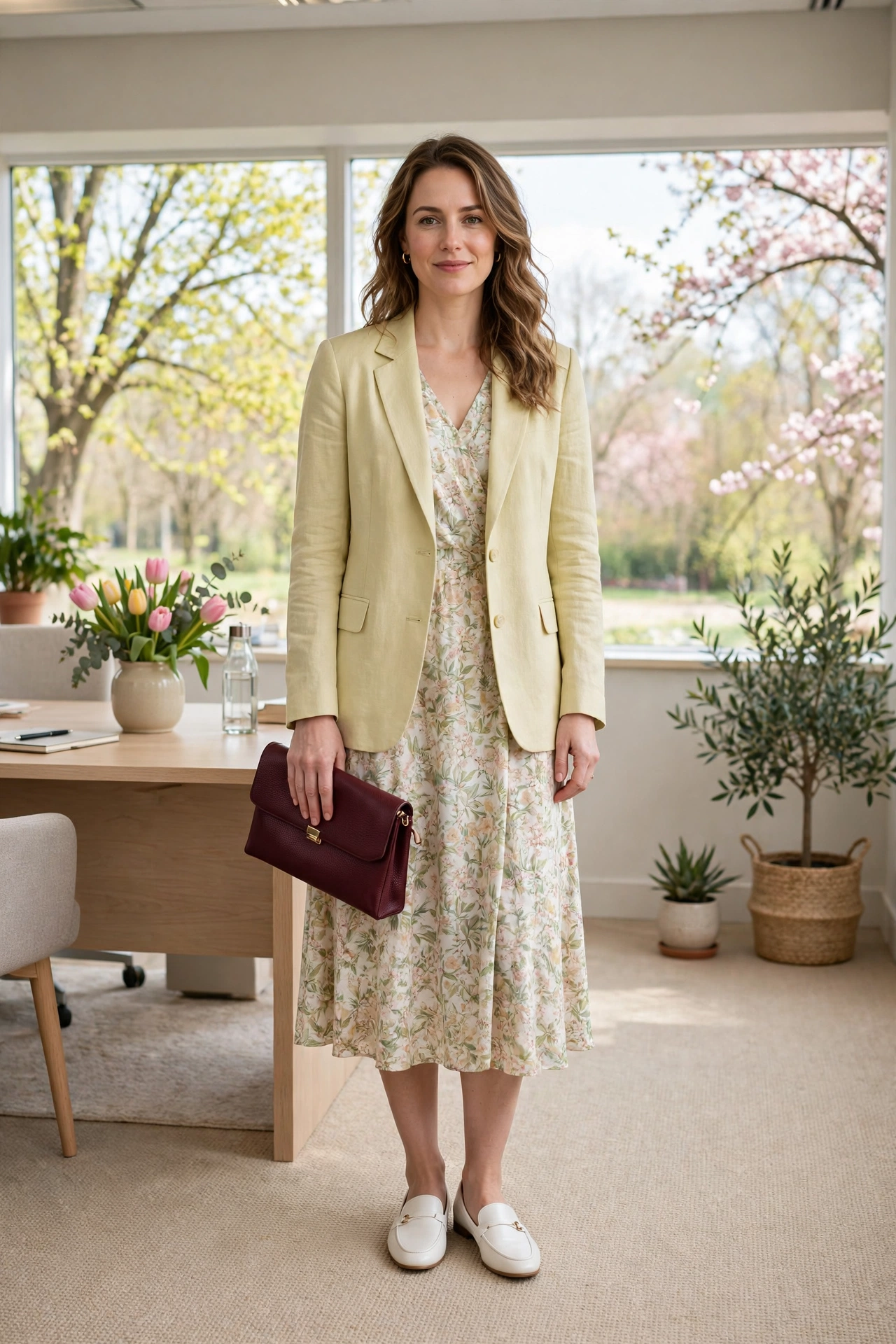 Soft Yellow Blazer and Dress with a burgundy clutch