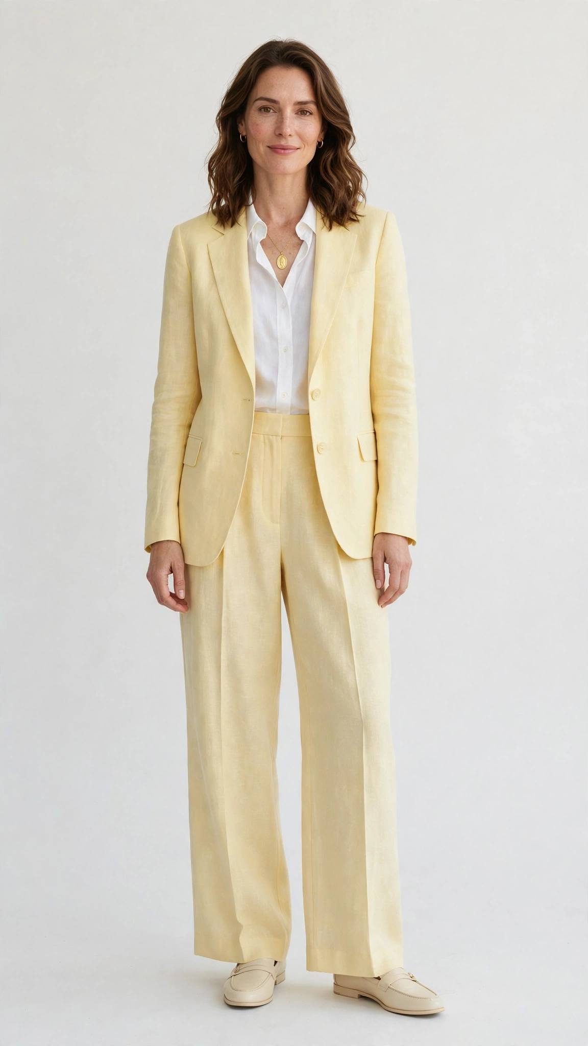 Soft Yellow Blazer and Wide-Leg Trousers with a gold pendant necklace