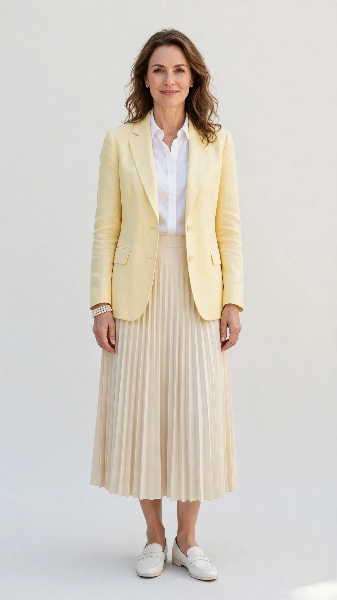 Butter Yellow Blazer and Midi Skirt with a pearl bracelet