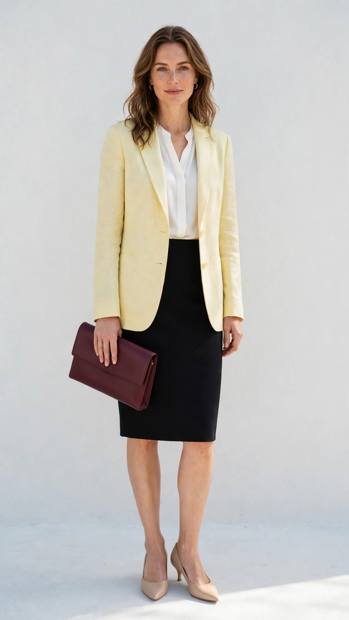 Soft Yellow Blazer and Pencil Skirt with a burgundy clutch