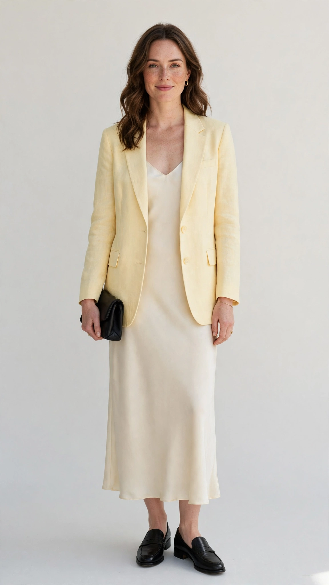 Butter Yellow Blazer and Slip Dress with a small black clutch