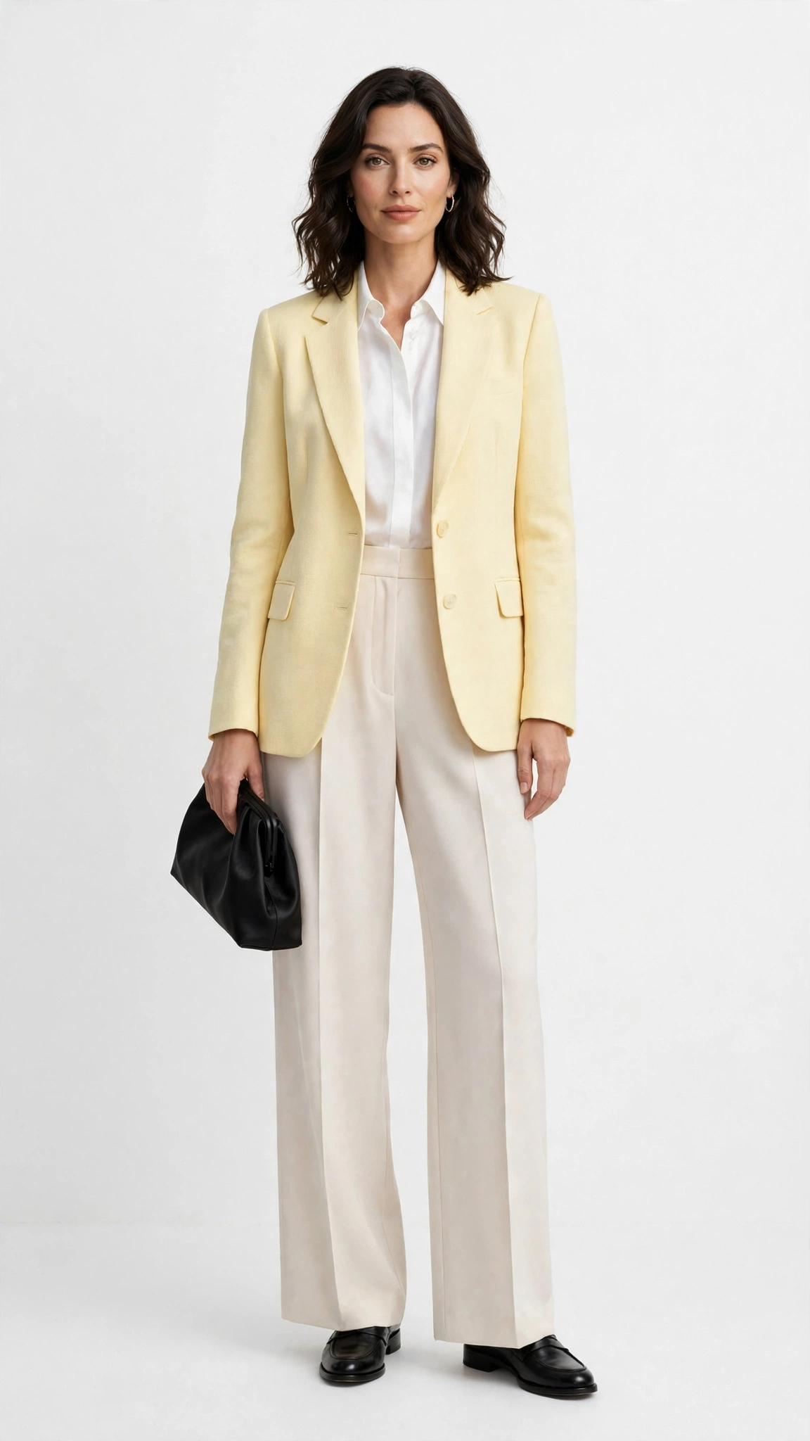 Soft Yellow Blazer and Wide-Leg Trousers with a black satin clutch