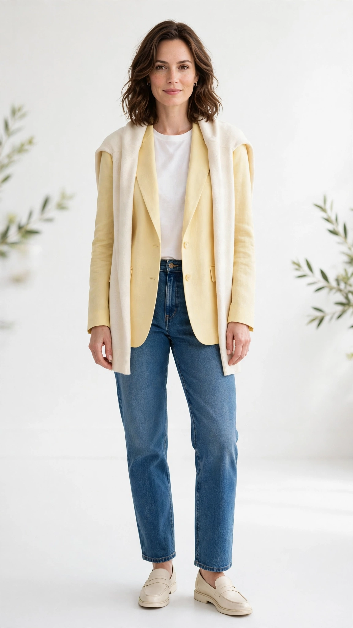 Soft Yellow Blazer and Jeans with a cream wrap