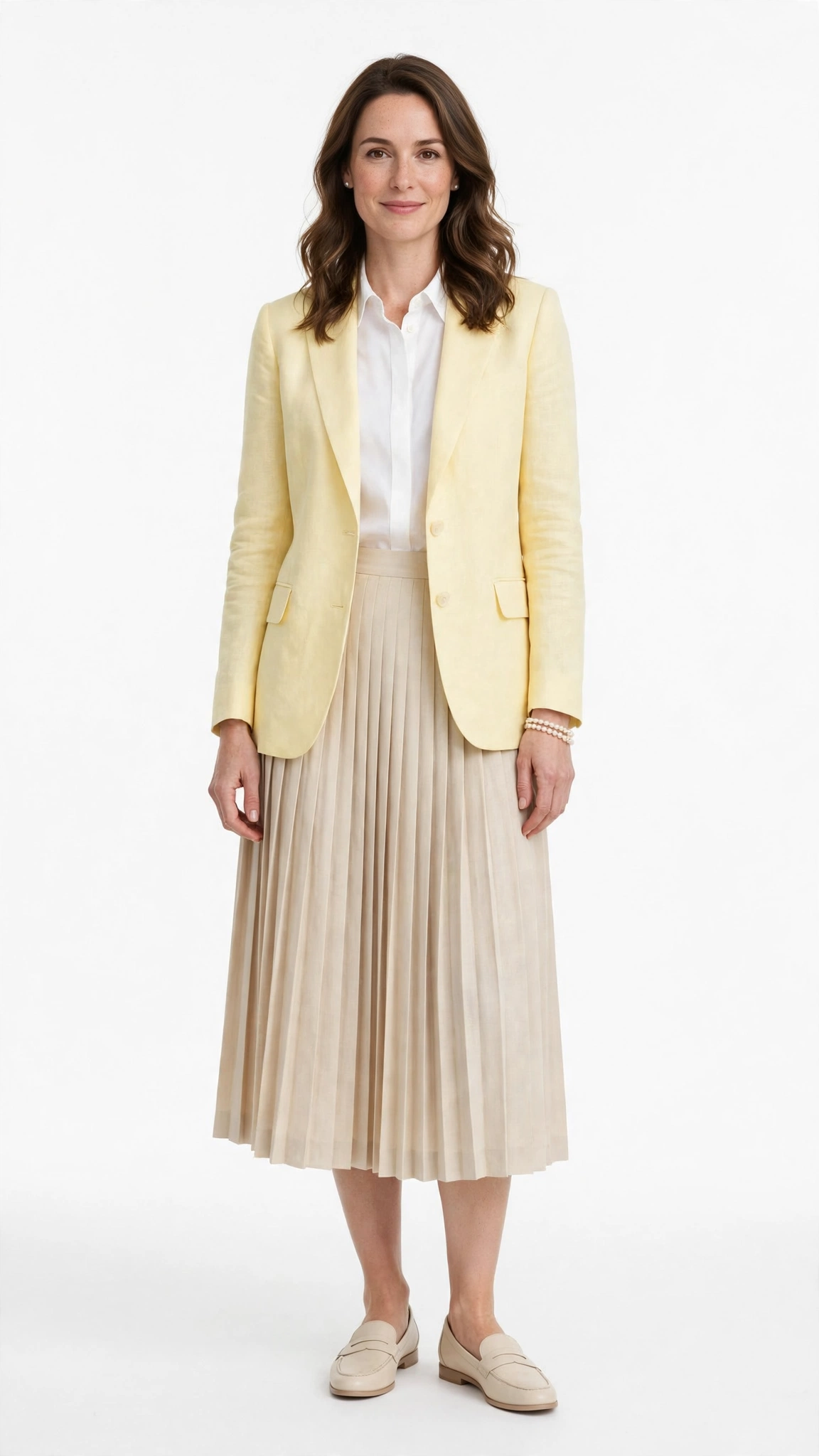 Pale Yellow Blazer and Midi Skirt with a pearl bracelet