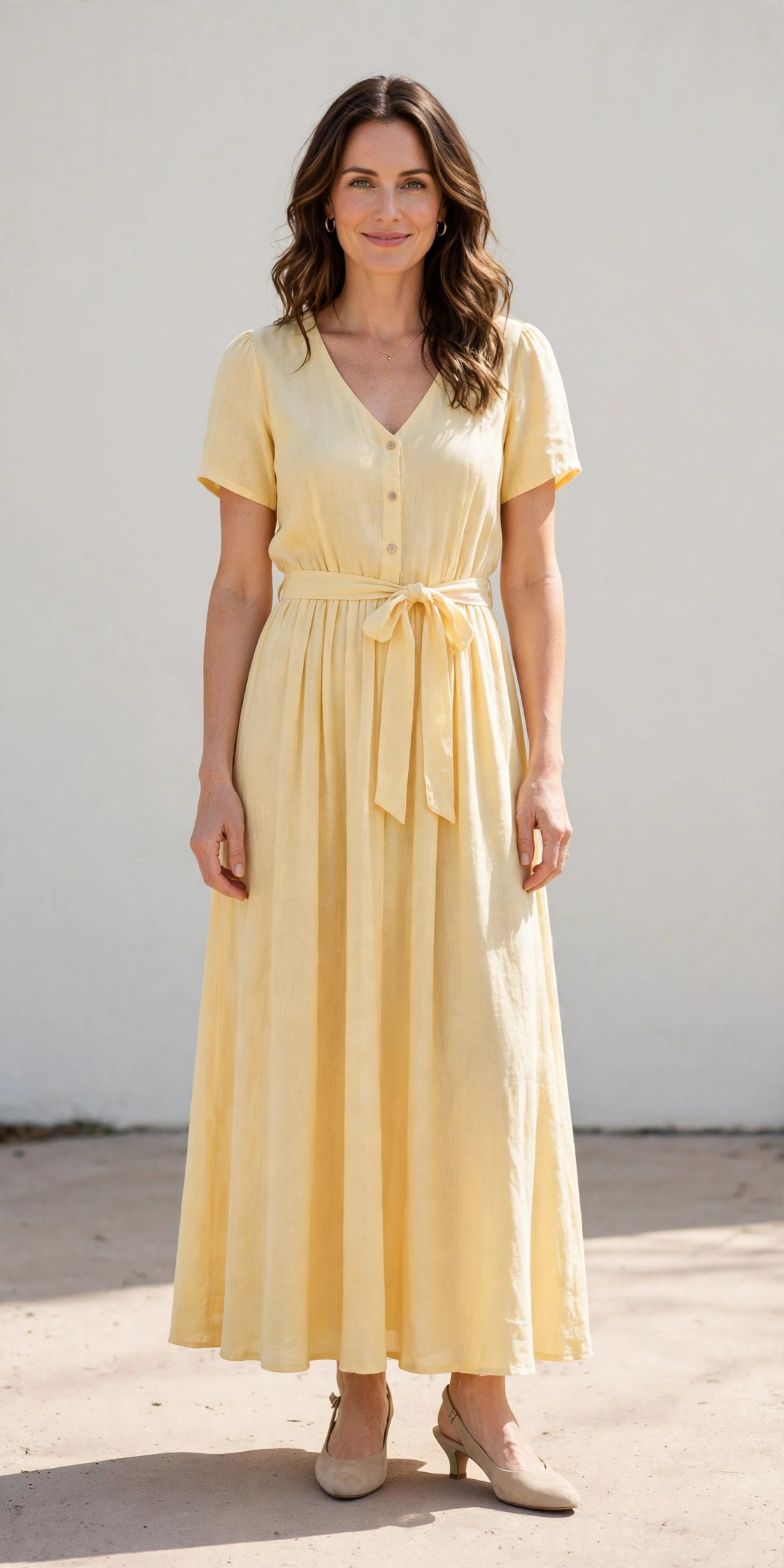 Soft Yellow Maxi Dress with comfortable low heels