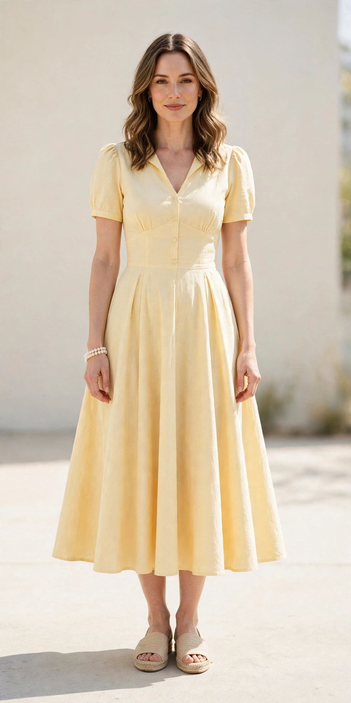 Soft Yellow Fit-and-Flare Dress with a pearl bracelet