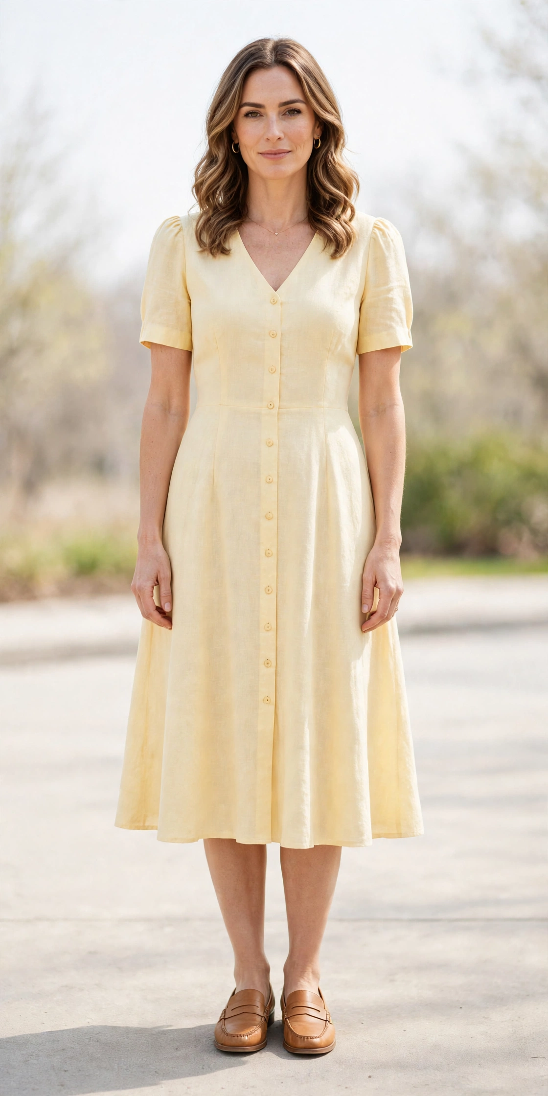 Creamy Yellow Tea-Length Dress with tan leather loafers