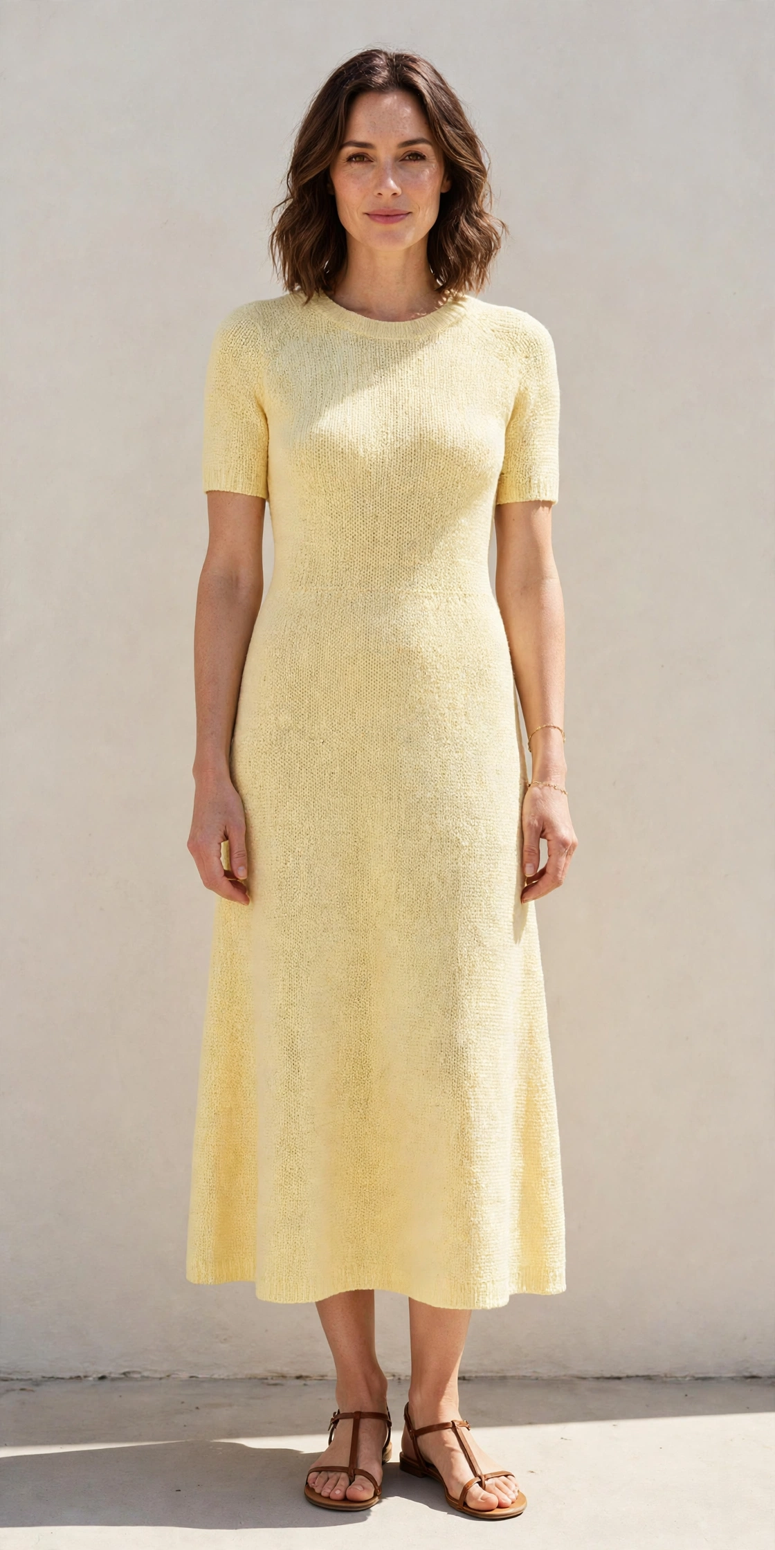 Pale Yellow Knit Midi Dress with a delicate gold bracelet