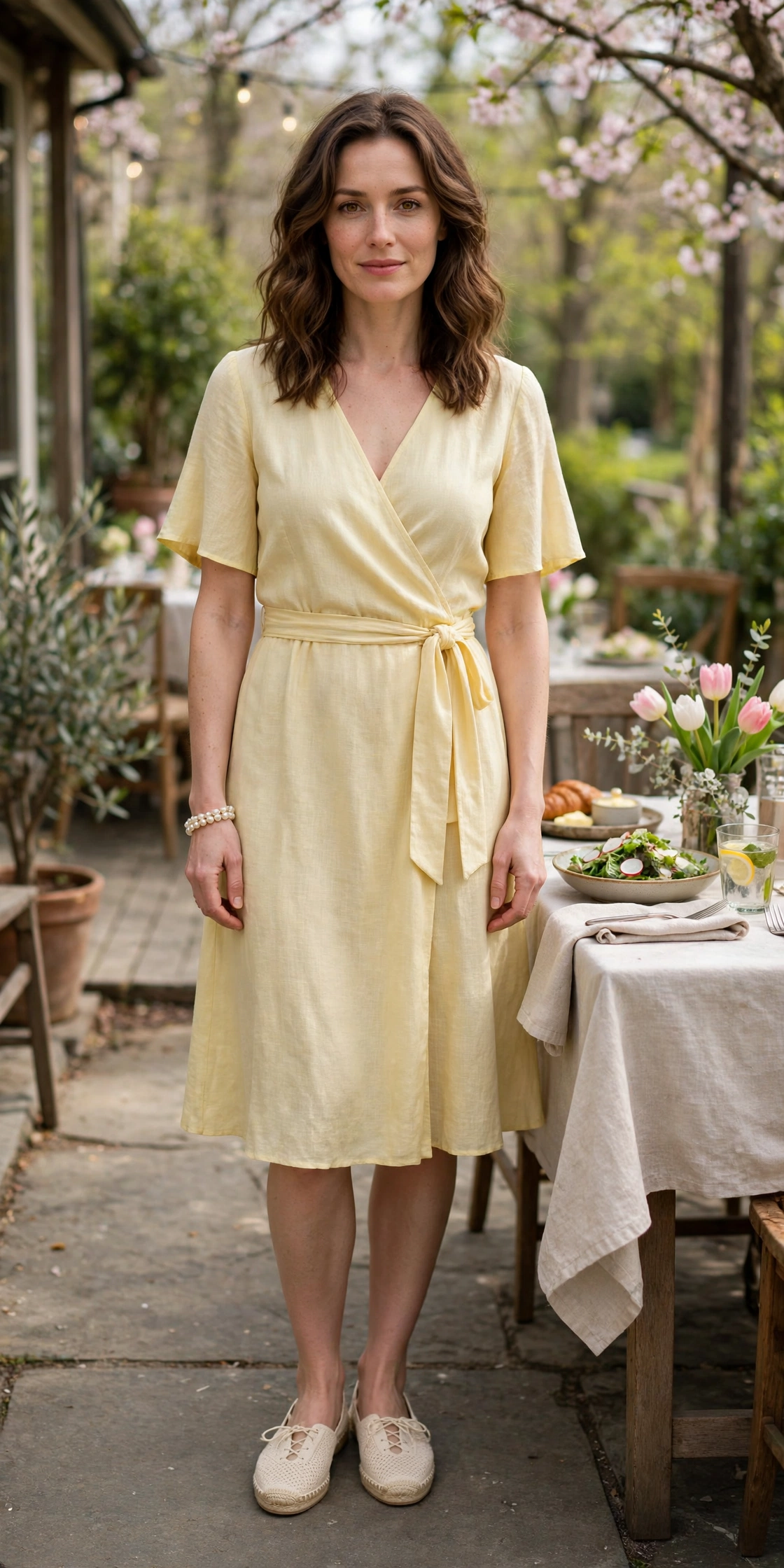 Soft Yellow Wrap Dress with a pearl bracelet