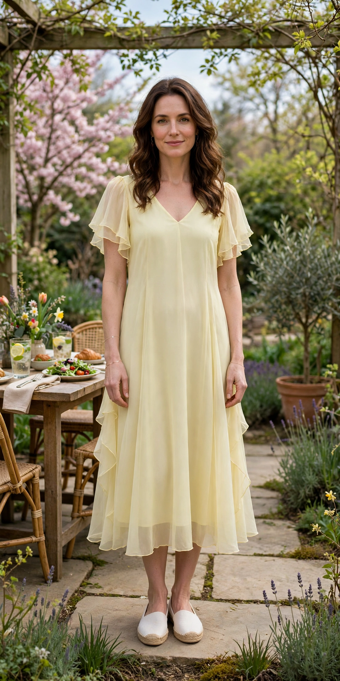 Pale Yellow Chiffon Midi Dress with a delicate gold bracelet