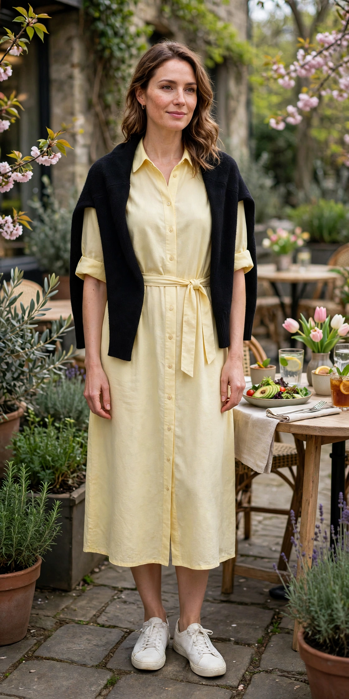 Soft Yellow Shirt Dress with a soft black shawl