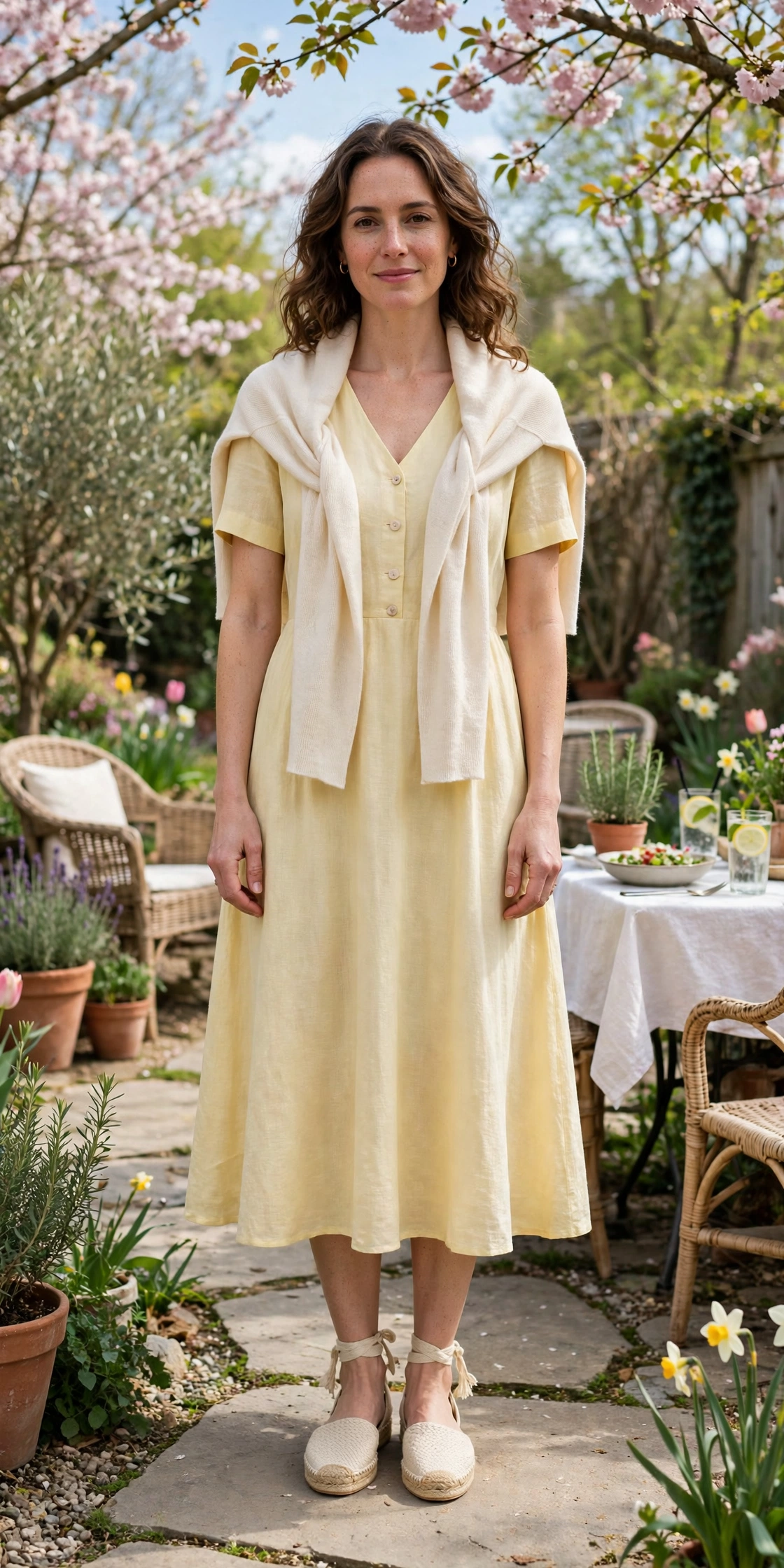 Soft Yellow Tea-Length Dress with a cream wrap