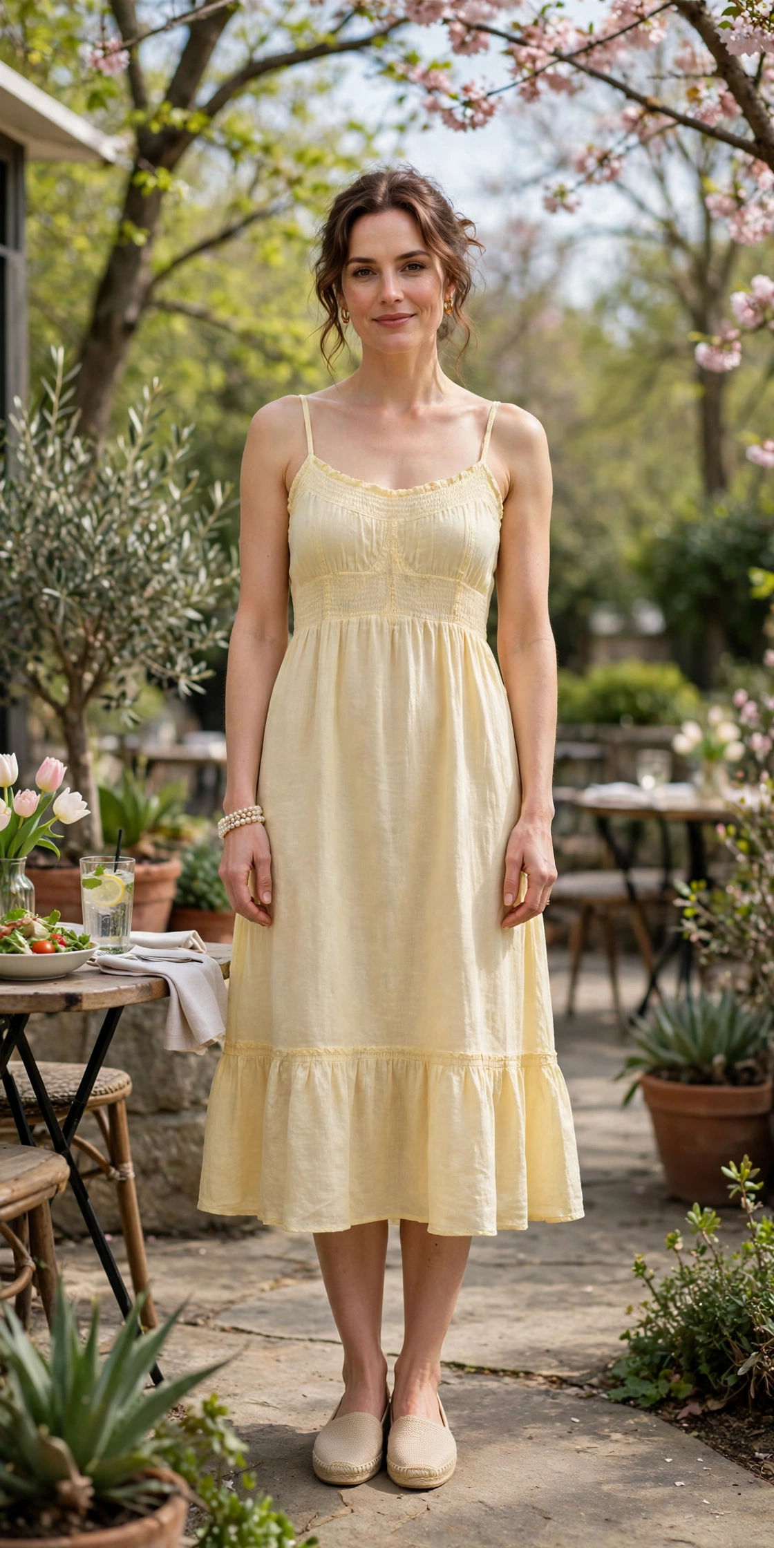 Soft Yellow Sundress with a pearl bracelet
