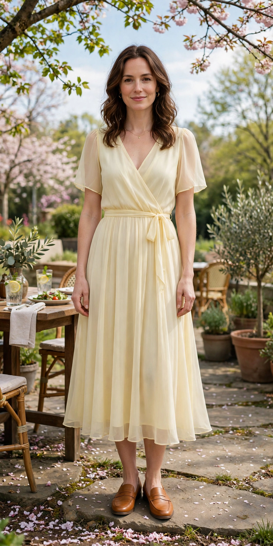 Creamy Yellow Chiffon Midi Dress with tan leather loafers