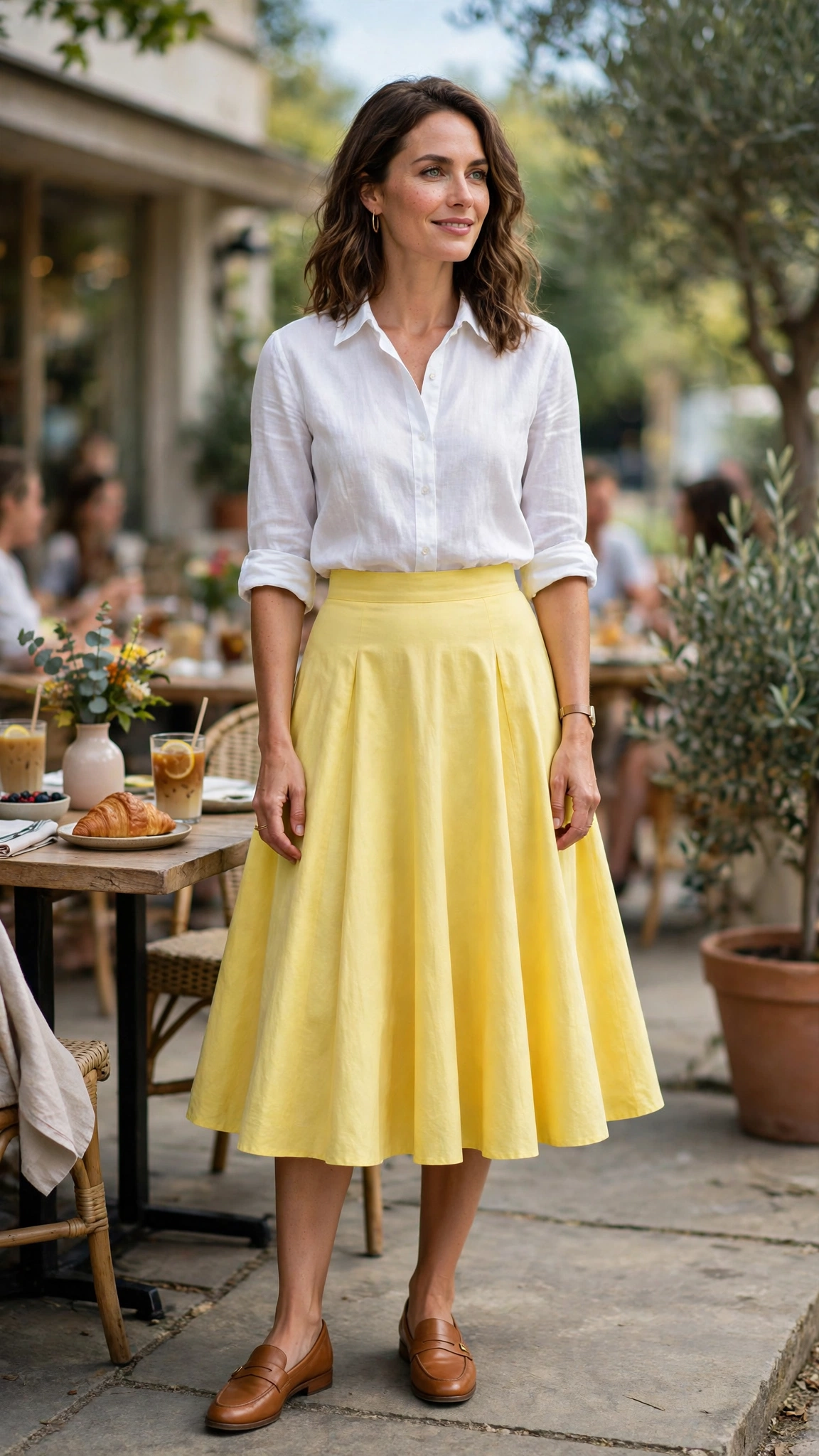 Lemon Yellow Flared Skirt with tan leather loafers