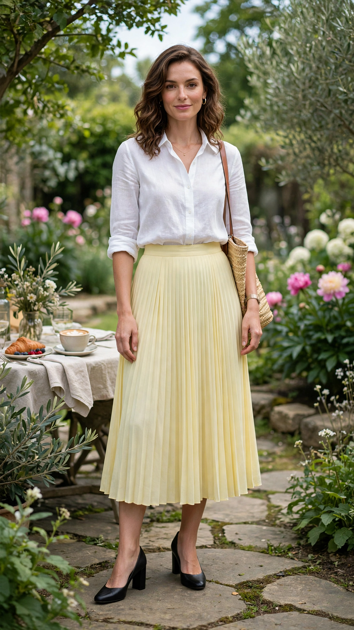 Pale Yellow Pleated Midi Skirt with black block-heel pumps