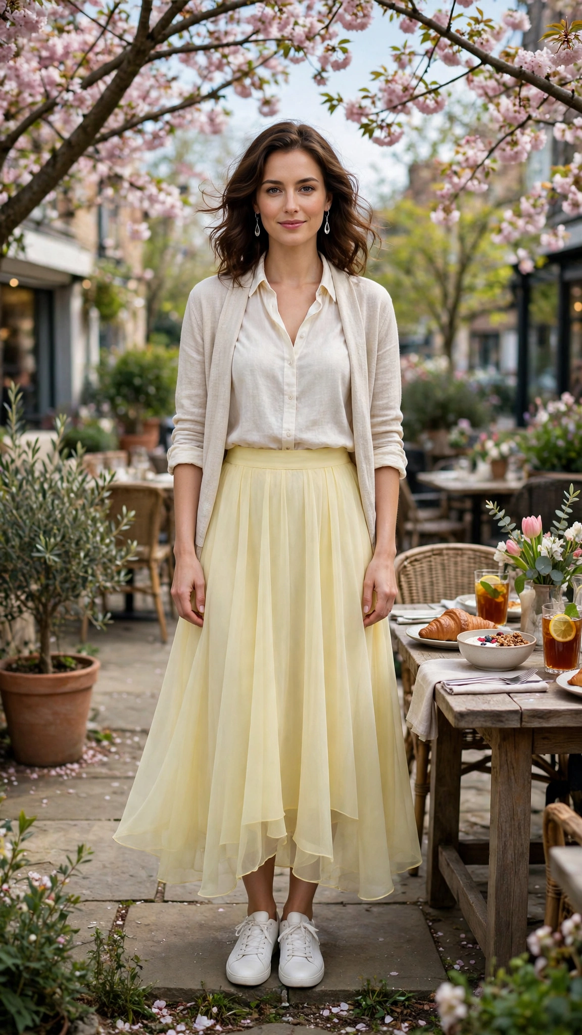 Soft Yellow Chiffon Skirt with silver drop earrings