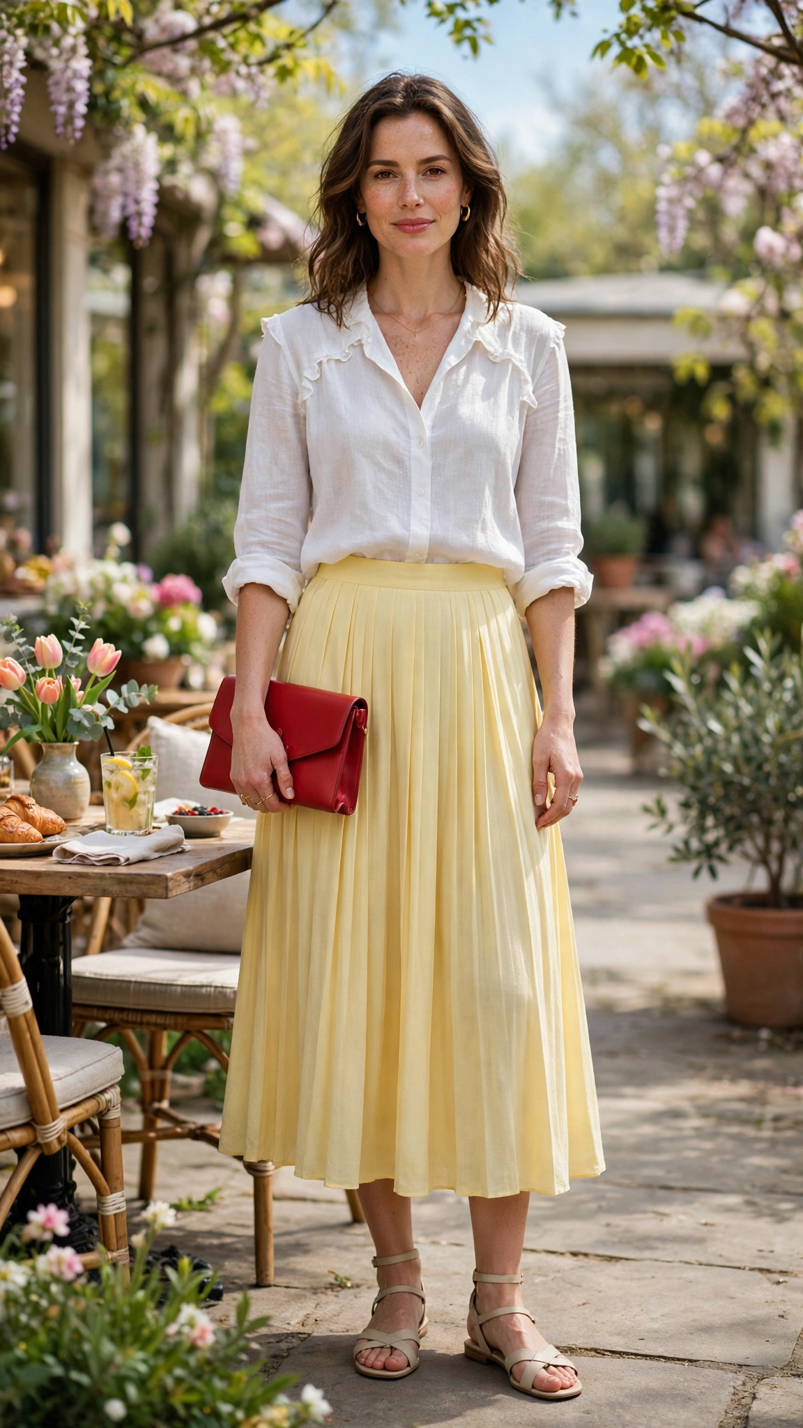 Butter Yellow Pleated Midi Skirt with a red clutch